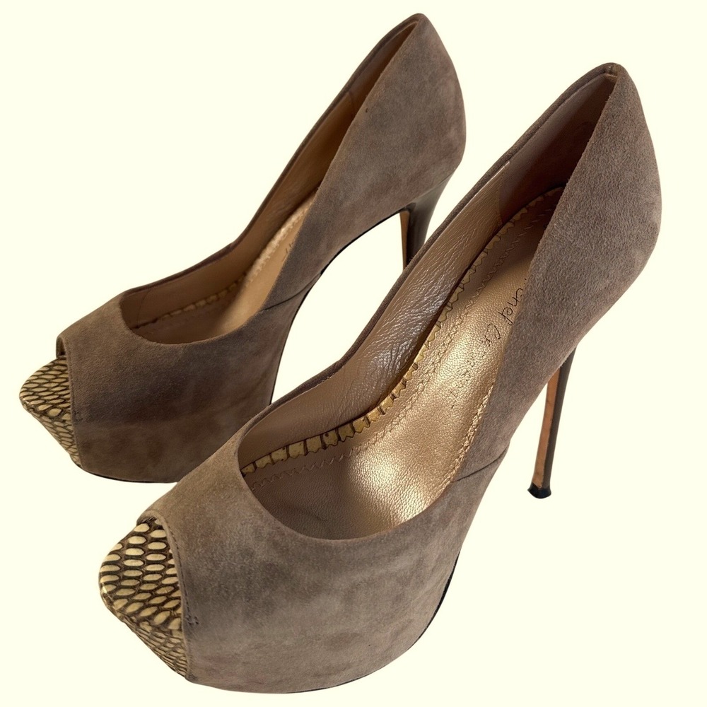 Jean-Michel Cazabat Taupe Suede‎ Leather Peep Toe Platform Stiletto Heels 37.5